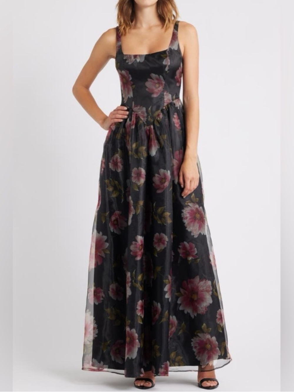 Lulus Black Floral Maelyn Lace-Up Corset Maxi Cocktail Dress New!